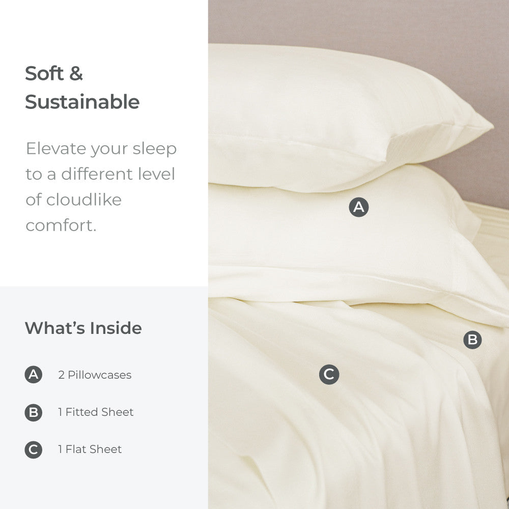 soft & sustainable, elevate your sleep to a different level of cloudlike comfort. what's inside? 2 pillowcases, 1 fitted sheet 1 flat sheet~Ivory