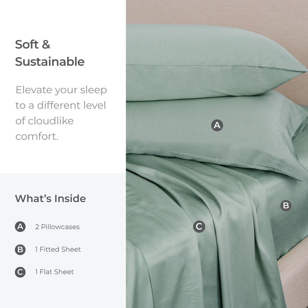 soft & sustainable, elevate your sleep to a different level of cloudlike comfort. what's inside? 2 pillowcases, 1 fitted sheet 1 flat sheet~Tahitian Breeze