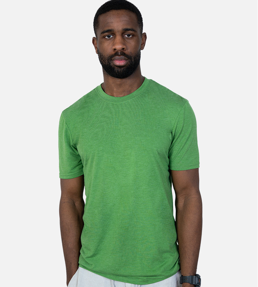 front view of model wearing Palm Green comfort crew tee~Palm Green