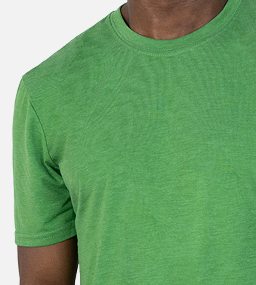 close-up on chest and shoulder on Palm Green comfort crew tee~Palm Green