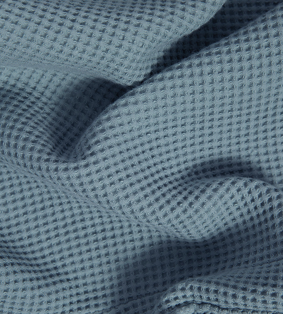 close-up on marine blue waffle knit robe~