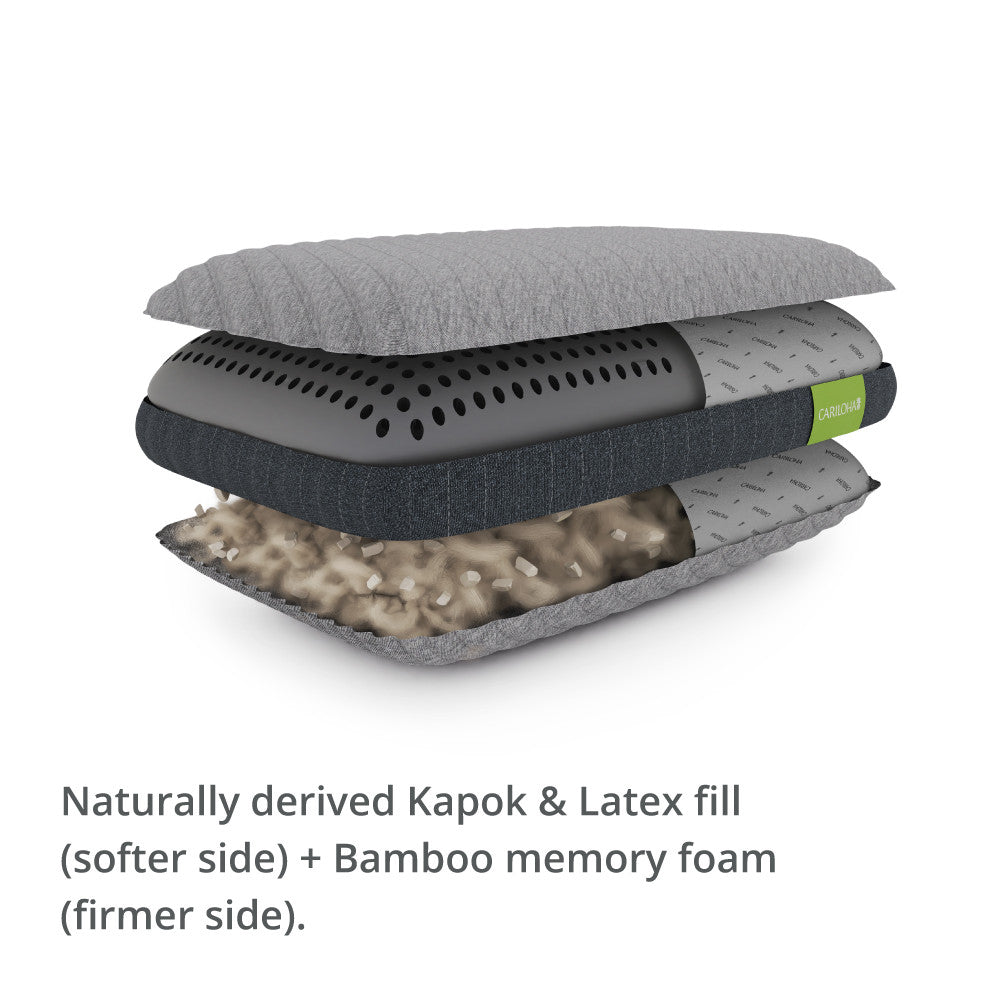 naturally derived kapok & latex fill (softer side) + bamboo memory foam (firmer side)