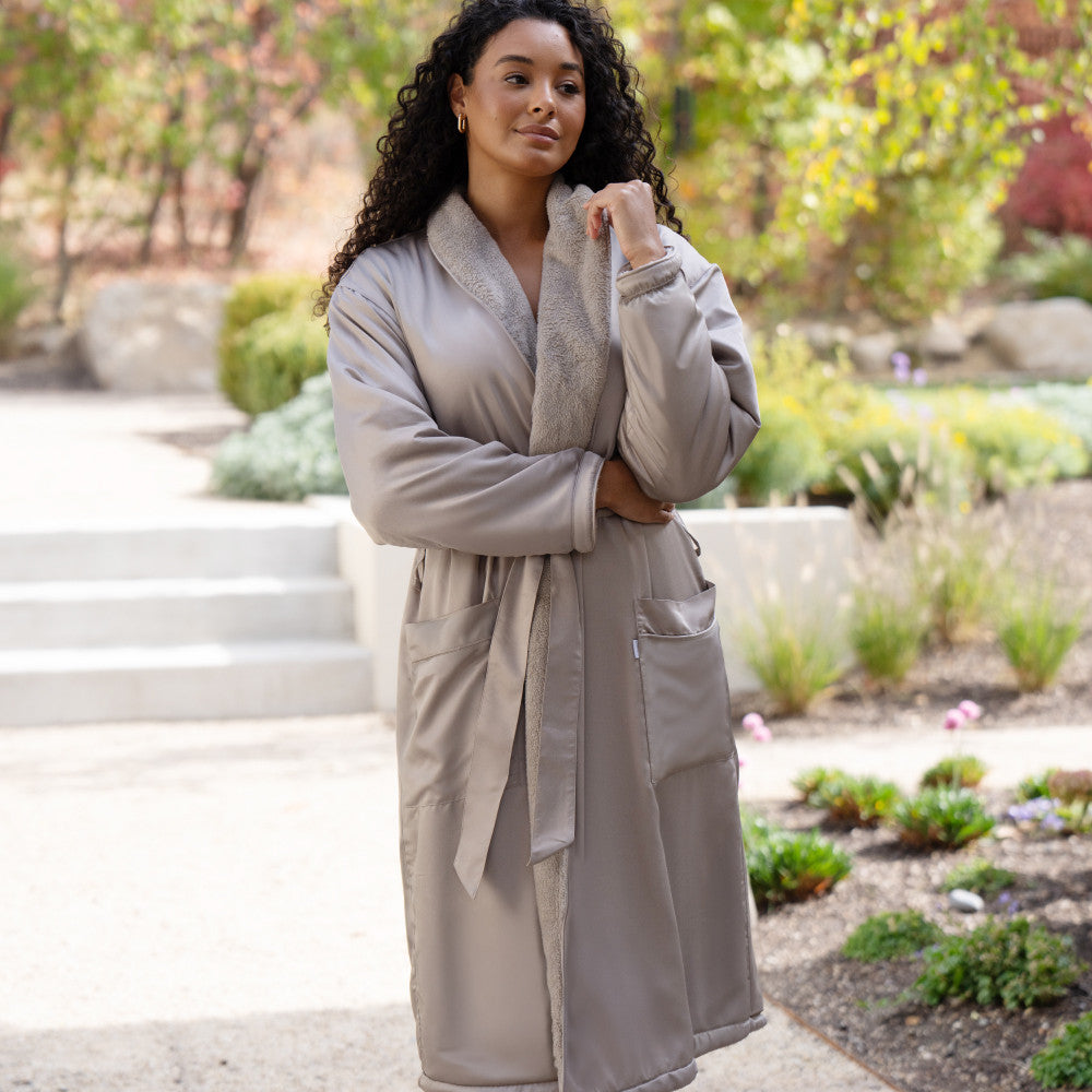 front view of model wearing coastal gray spa robe~Coastal Gray