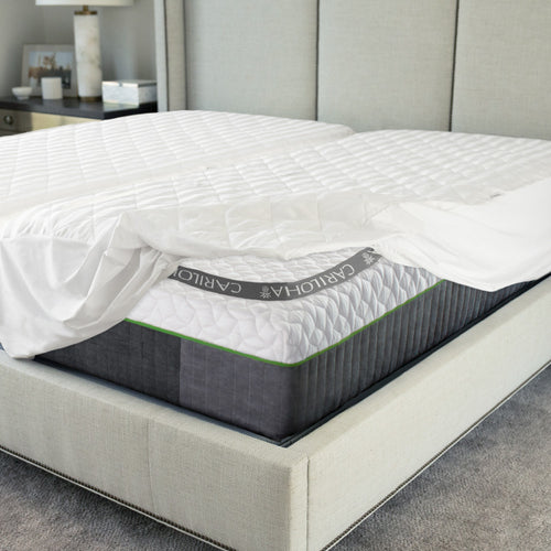 corner of mattress protector folded up over the corner of mattress