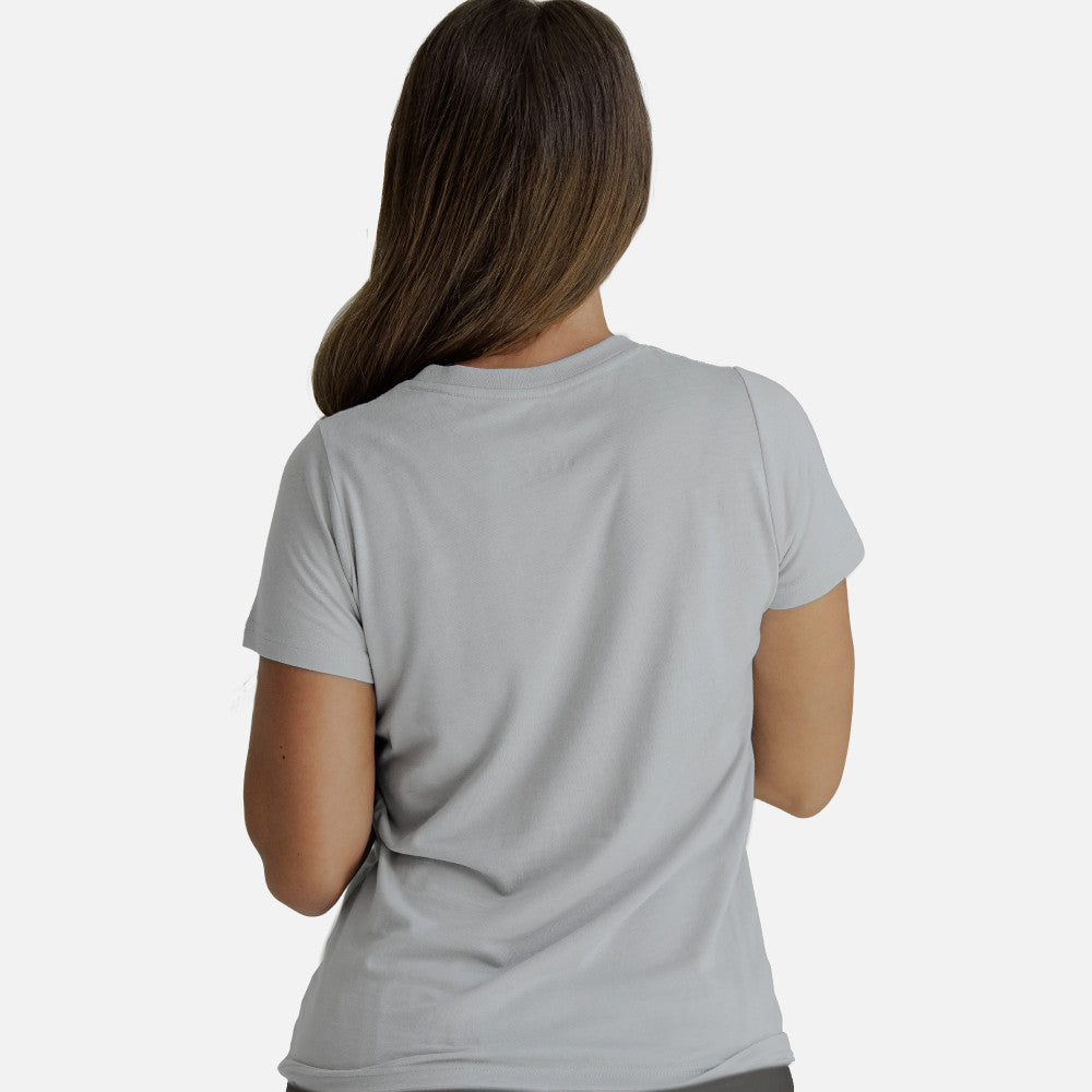 back view of model wearing our silver shore crew tee