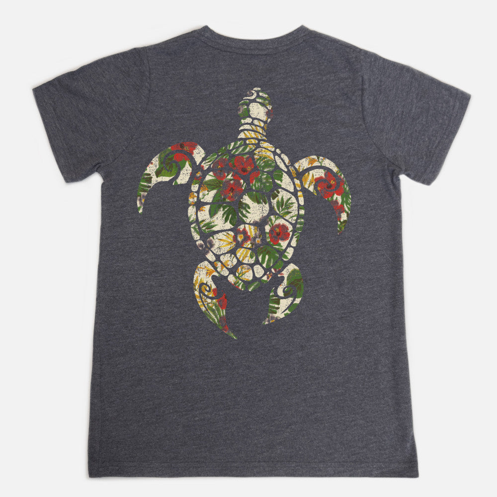 flat back view of charcoal heather crew tee with our back floral sea turtle design