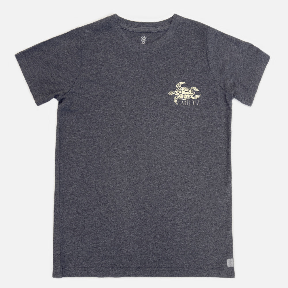 flat front view of charcoal heather crew tee with our left chest floral sea turtle design