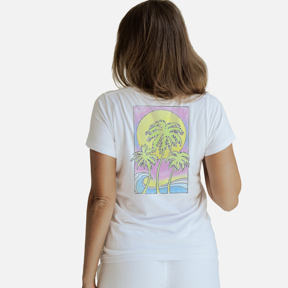 back view of model wearing white crew tee with pastel palms back design