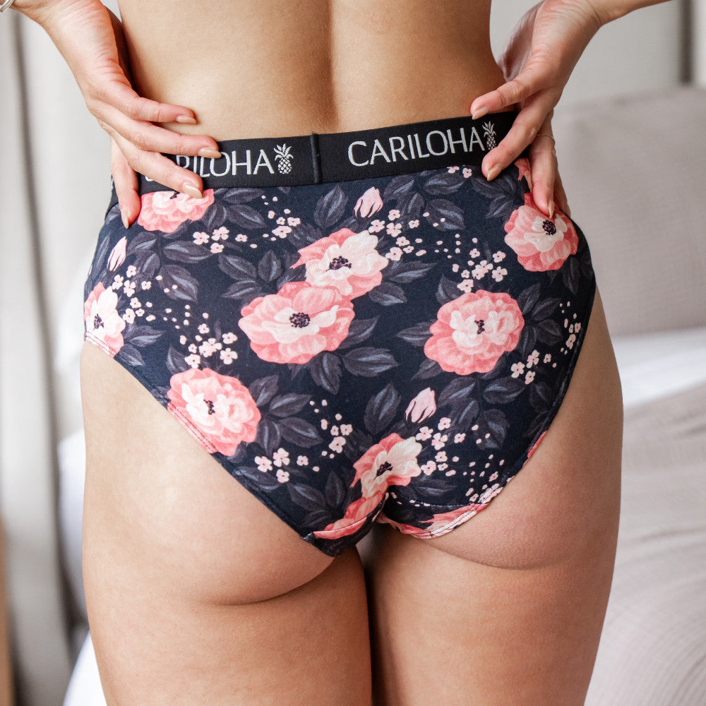 back view of peony print briefs