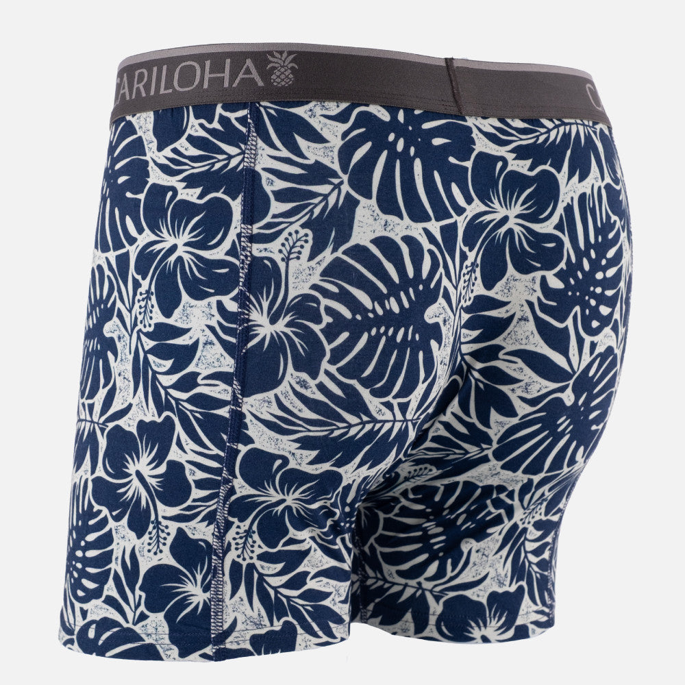 back view of Navy Hibiscus boxer briefs