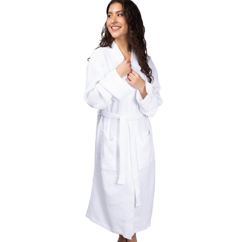front view of model wearing white waffle knit bathrobe