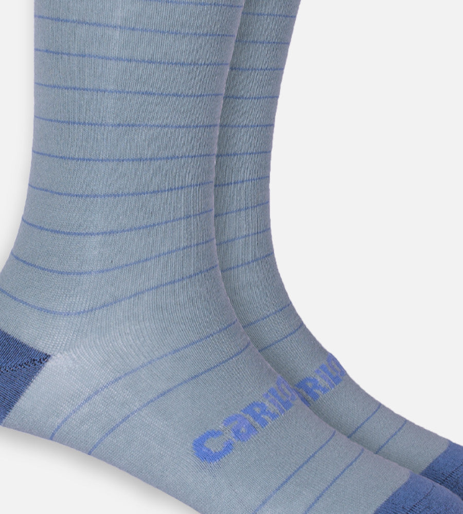 close-up on light blue stripe trouser sock