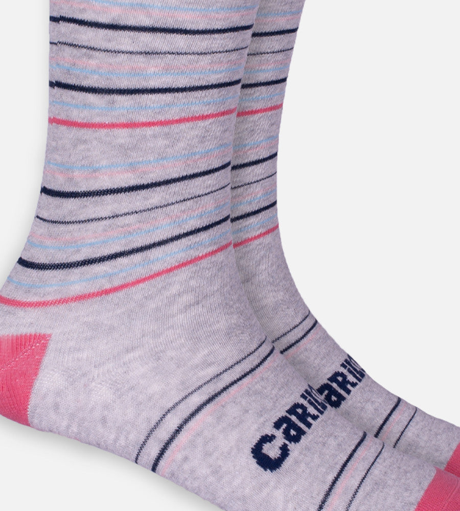 close-up on heather gray stripe trouser socks