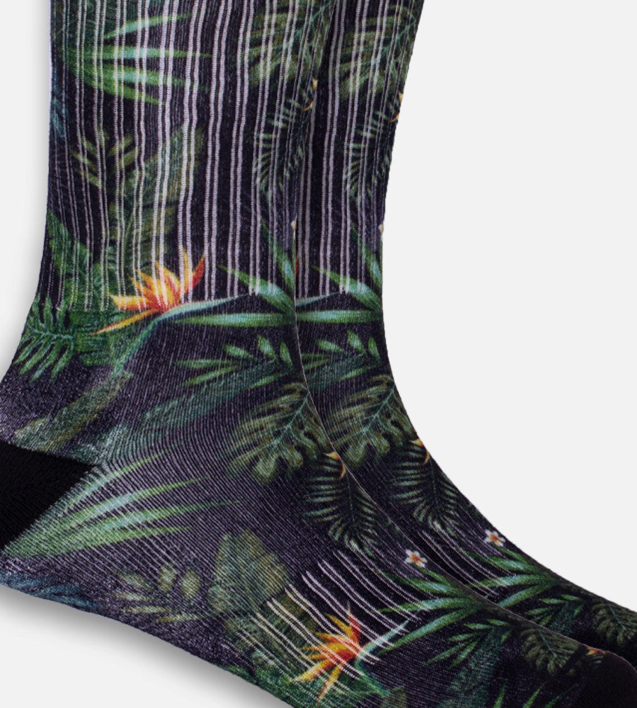close-up on Olive Tropical Foliage crew sock