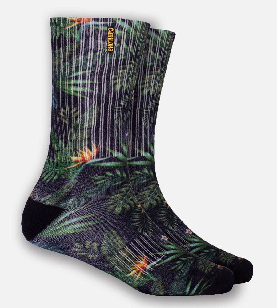 Bamboo Printed Crew Socks - Olive Tropical Foliage — S