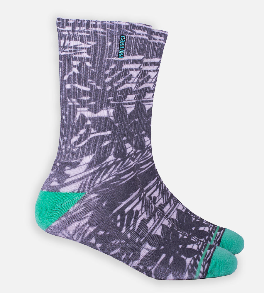 Bamboo Printed Crew Socks - Gray Striped Foliage — M