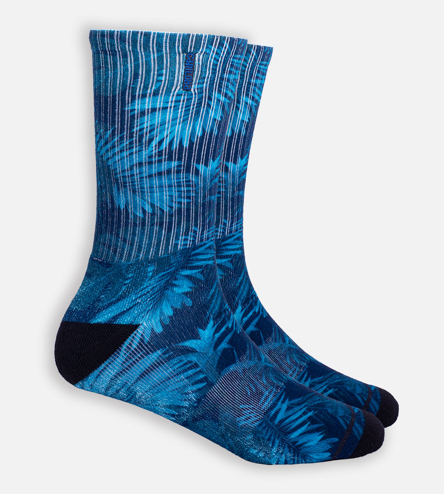 Bamboo Printed Crew Socks - Midnight Foliage — L