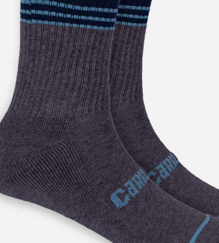 close-up on Heather Carbon Block Stripe crew sock~Heather Carbon Block Stripe