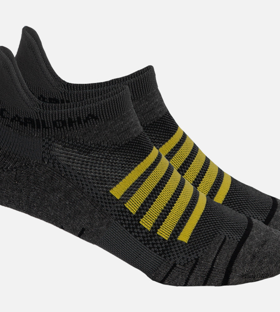 close-up Carbon Heather/Lemon Zest tab athletic socks~Carbon Heather/Lemon Zest