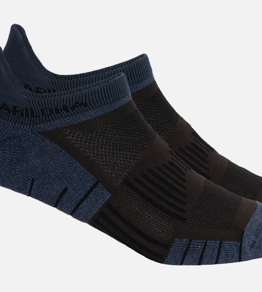 close-up on Navy Heather/ Carbon tab athletic socks~Navy Heather/ Carbon