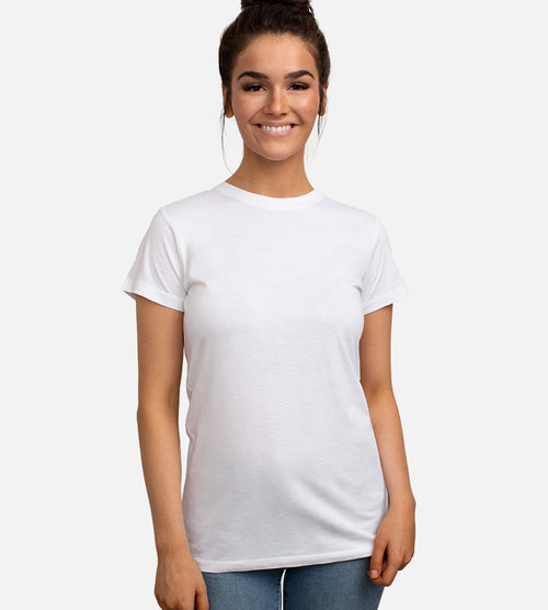 front view of model wearing white crew tee