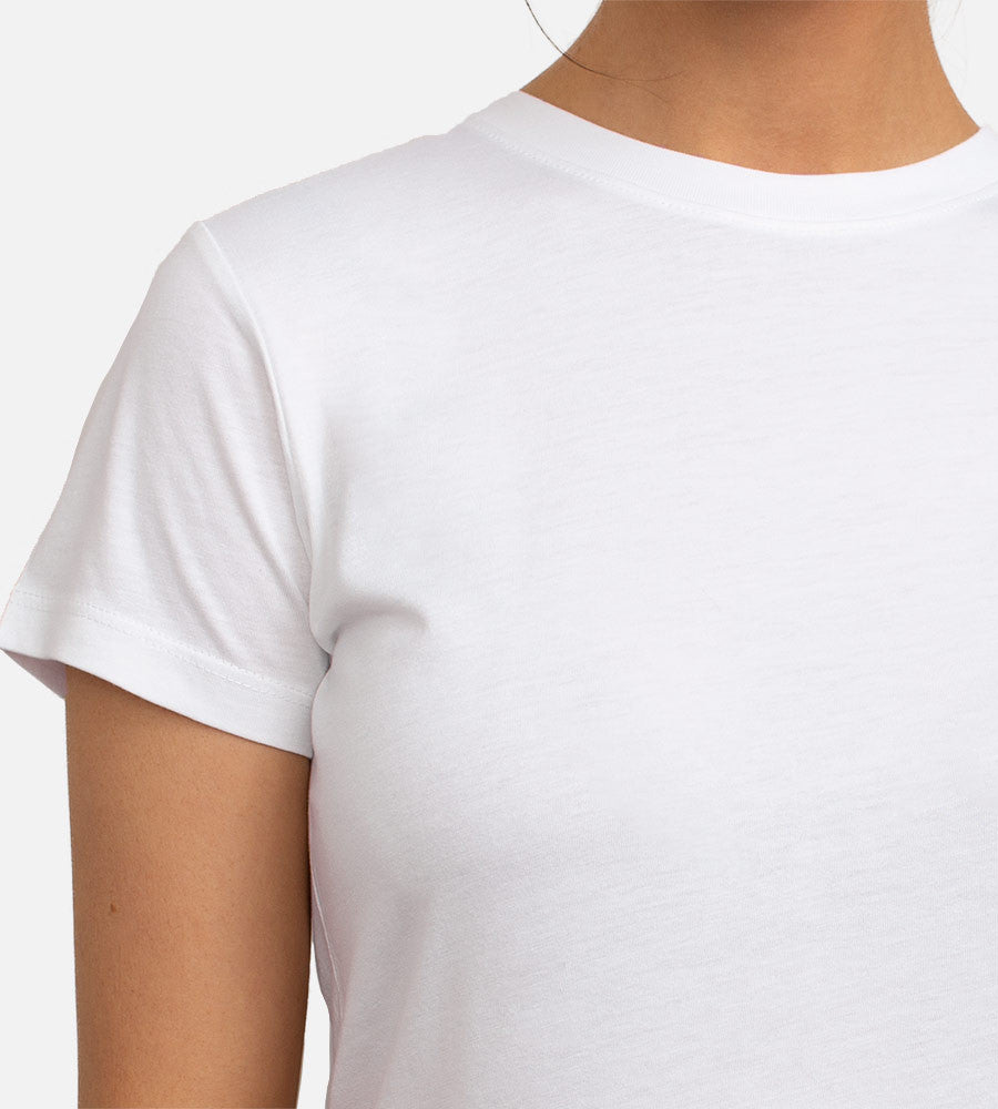 close-up on shoulder view of model wearing white crew tee