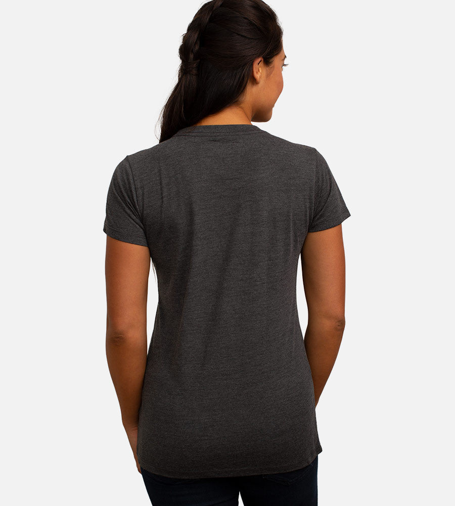 back view of model wearing Charcoal Heather crew tee~Charcoal Heather