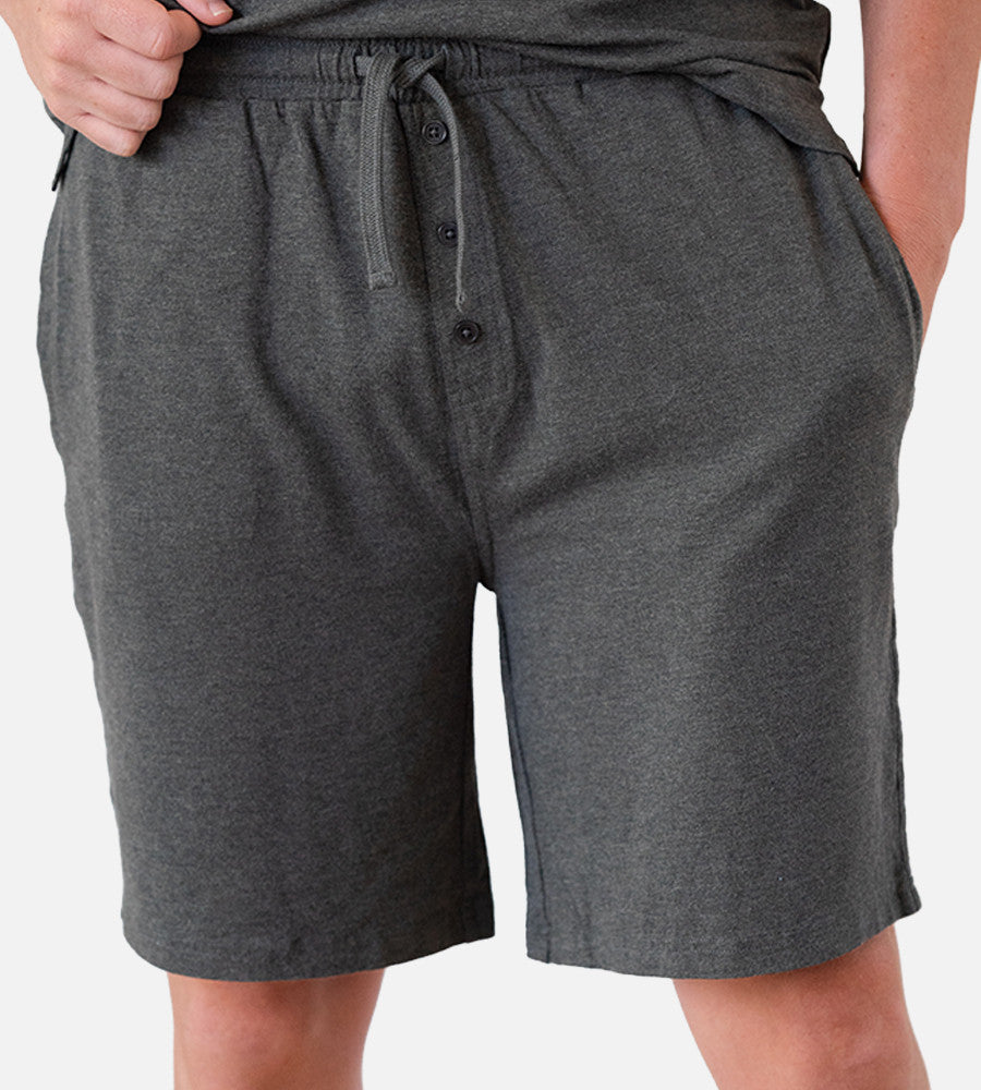 close-up front view of model wearing charcoal heather shorts~Charcoal Heather