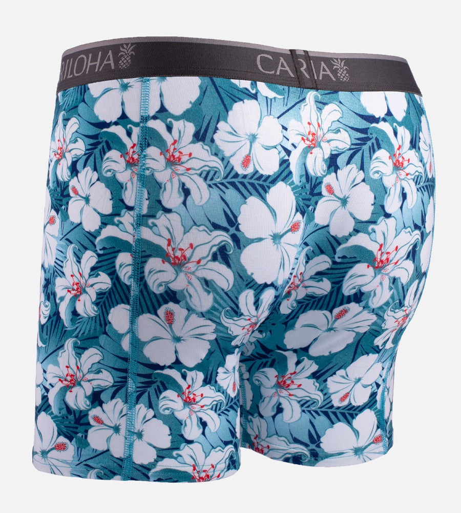 back view of blue hibiscus printed boxers
