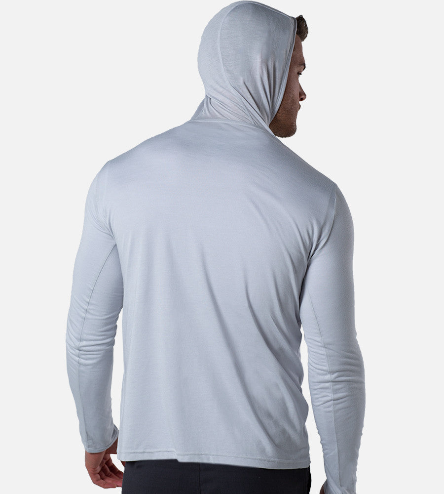 back view of model wearing gray crossover hoodie~Gray