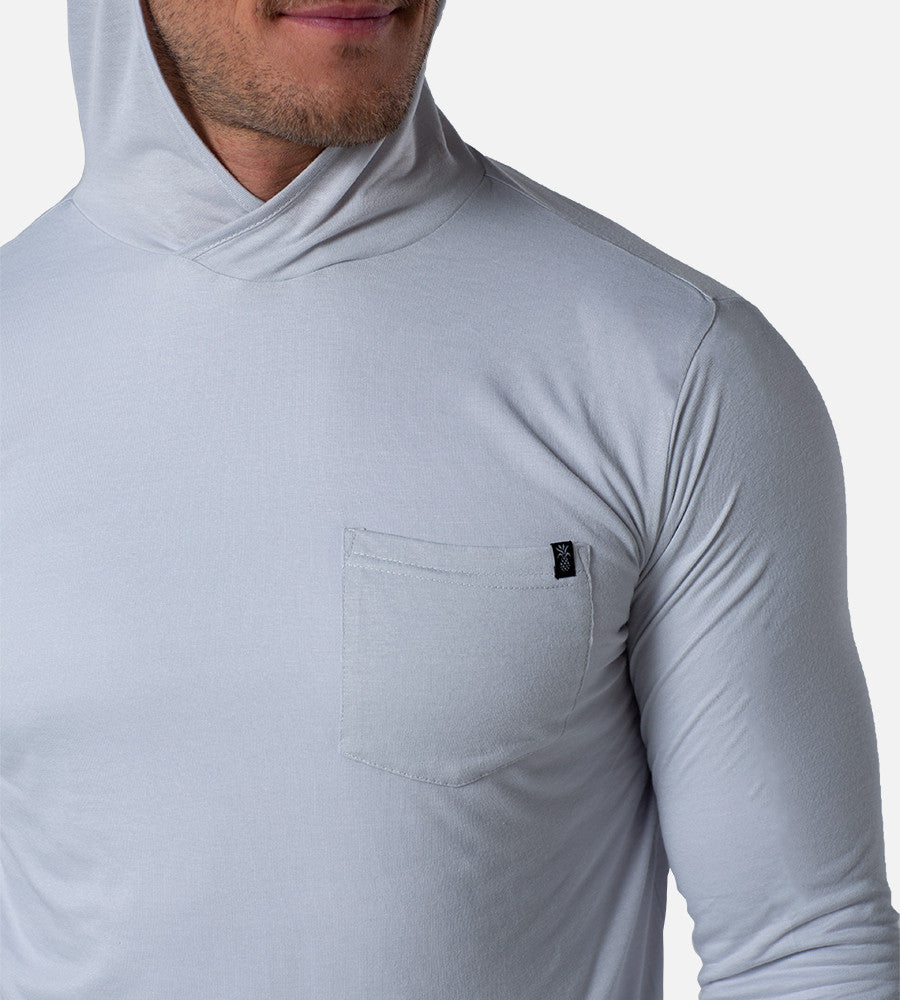 close-up on left chest pocket on gray crossover hoodie~Gray