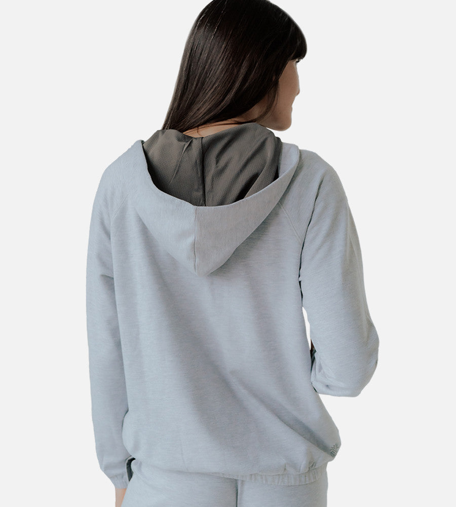 back view of model wearing gray jacket