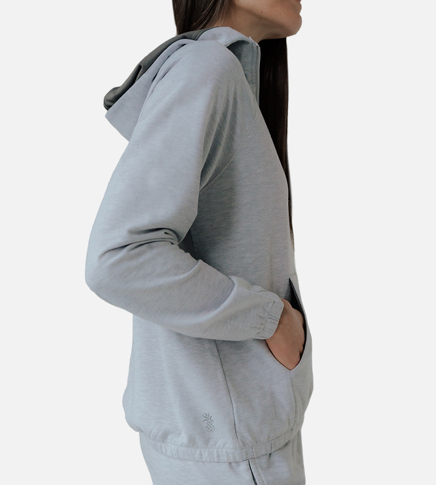 side view of model wearing gray jacket