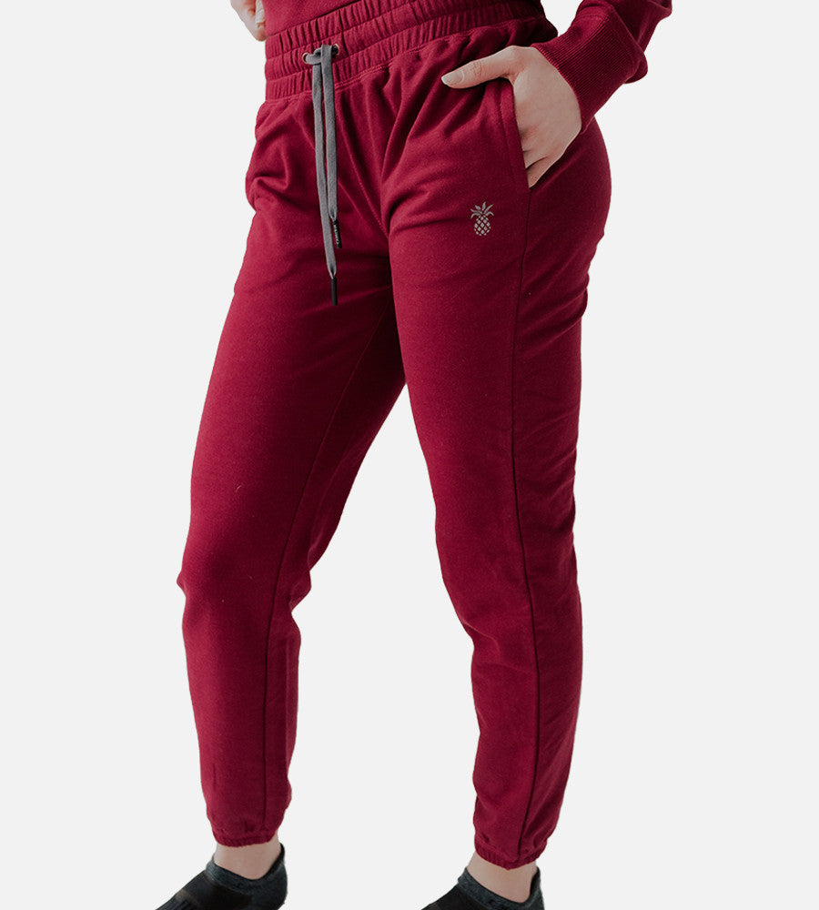 front side view of models legs wearing Pomegranate joggers