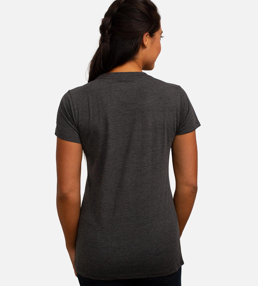 back view of model wearing charcoal heather crew tee~Charcoal Heather