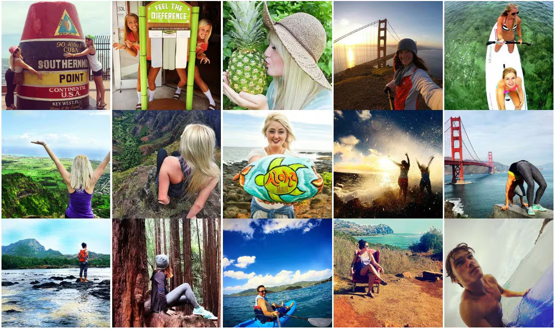 A 15-photo collage of outdoor lifestyle images featuring people in various scenic locations, including the Golden Gate Bridge, forests, beaches, and water activities. The collage includes photos of people surfing, hiking, kayaking, standing in water, and posing with colorful props.