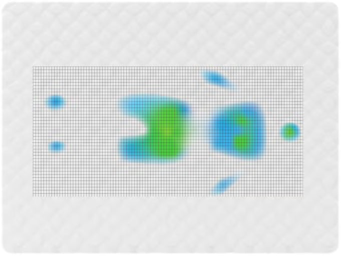 Pressure map of the Cariloha Retreat mattress showing mostly low, evenly distributed pressure with no concentrated hot spots