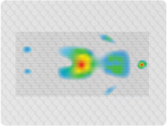 Pressure map of a standard foam mattress showing concentrated high-pressure hot spots at the shoulder and hip