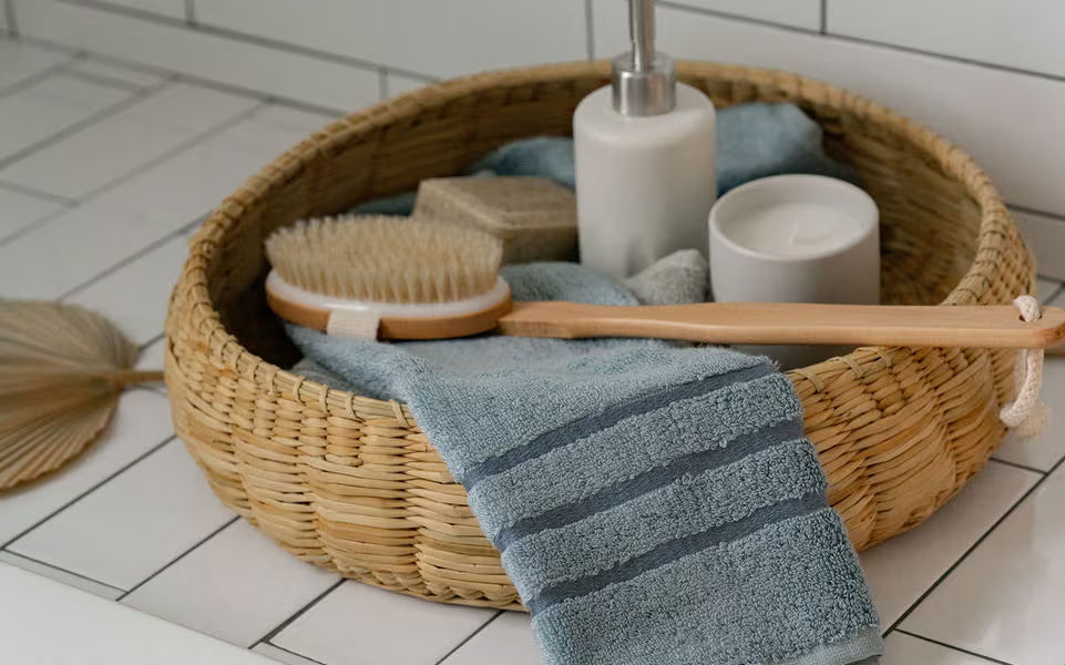 a blue towel in a basket