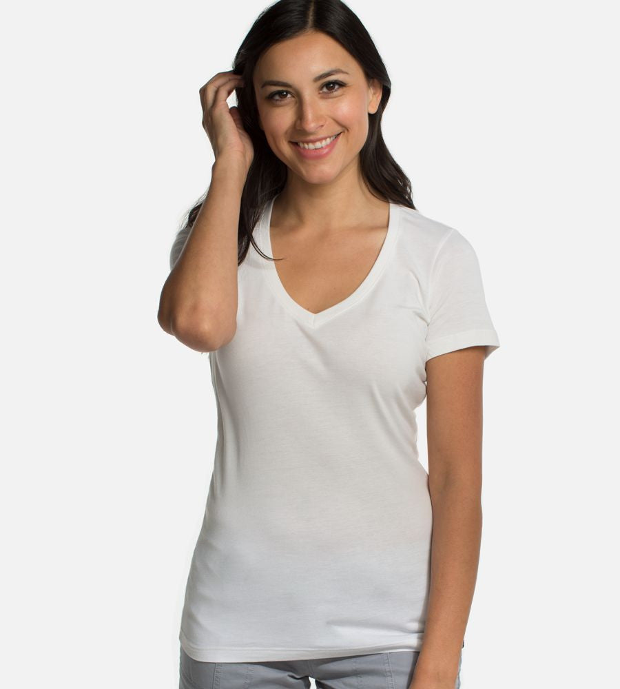 front view of girl wearing cariloha White v-neck tee~White