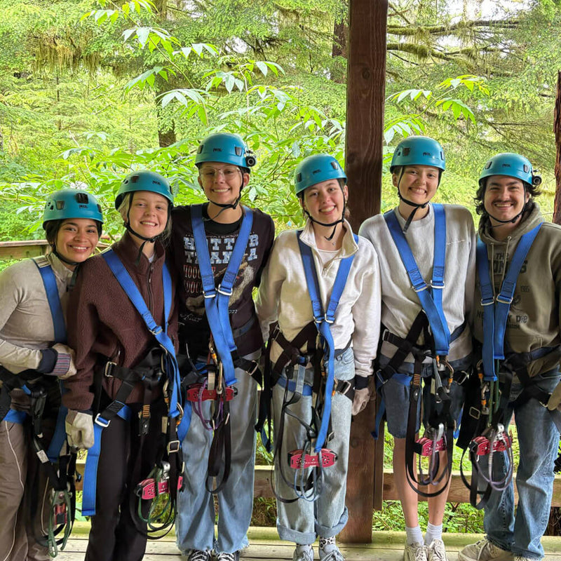 Six people standing together on a wooden platform wearing blue helmets and blue harnesses, with a lush green forest background.