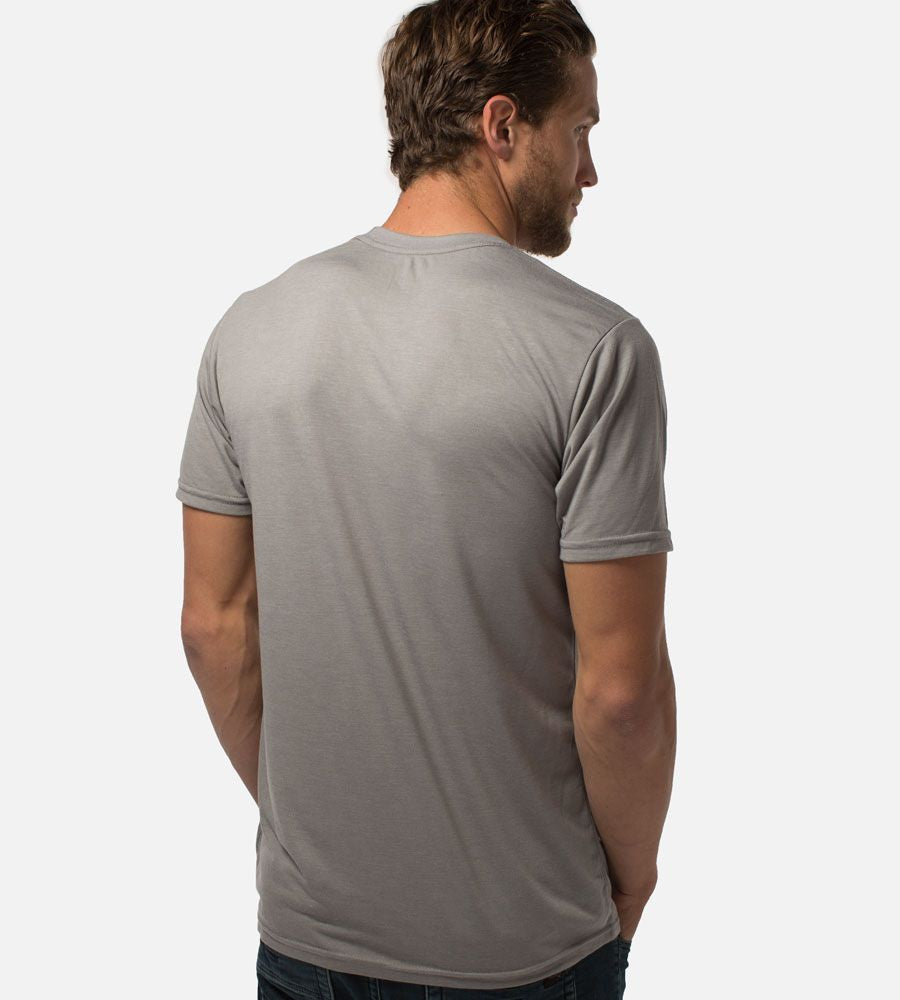 back view of guy wearing Gray comfort crew tee