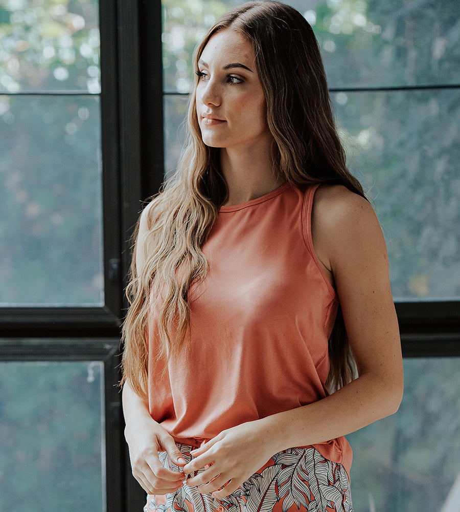 front view of model wearing blush sleep tank