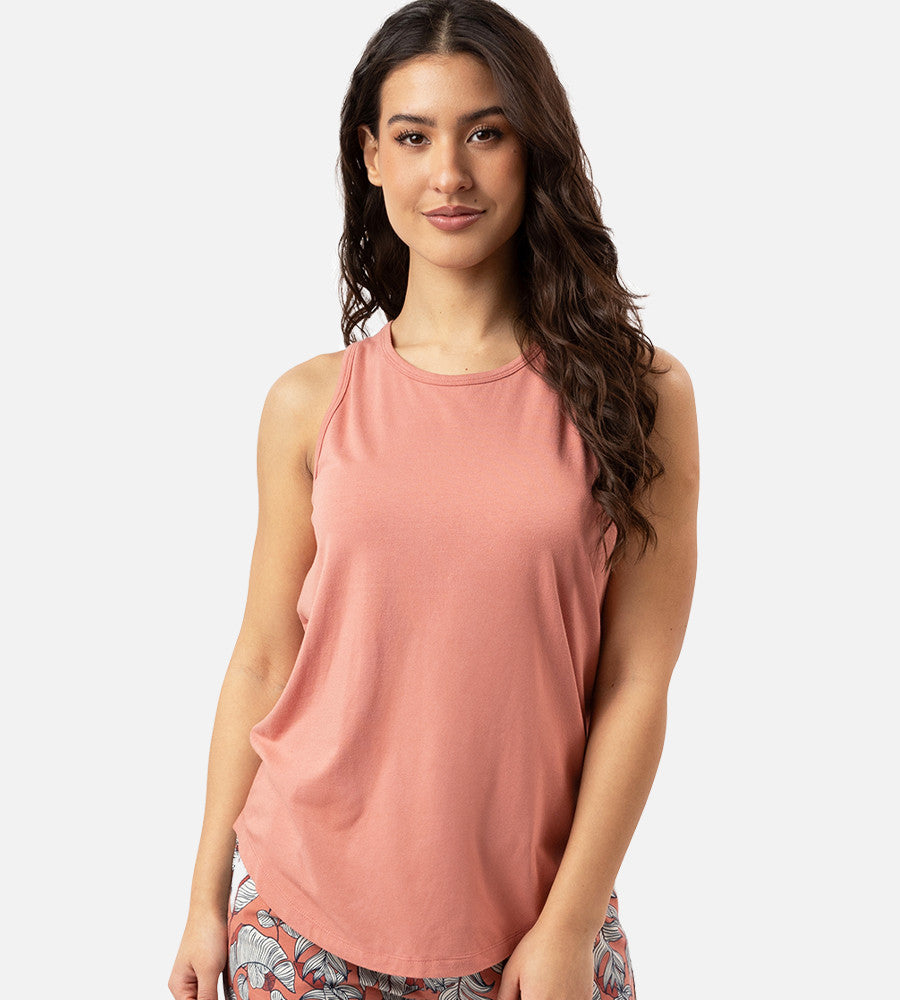 front view of model wearing blush sleep tank
