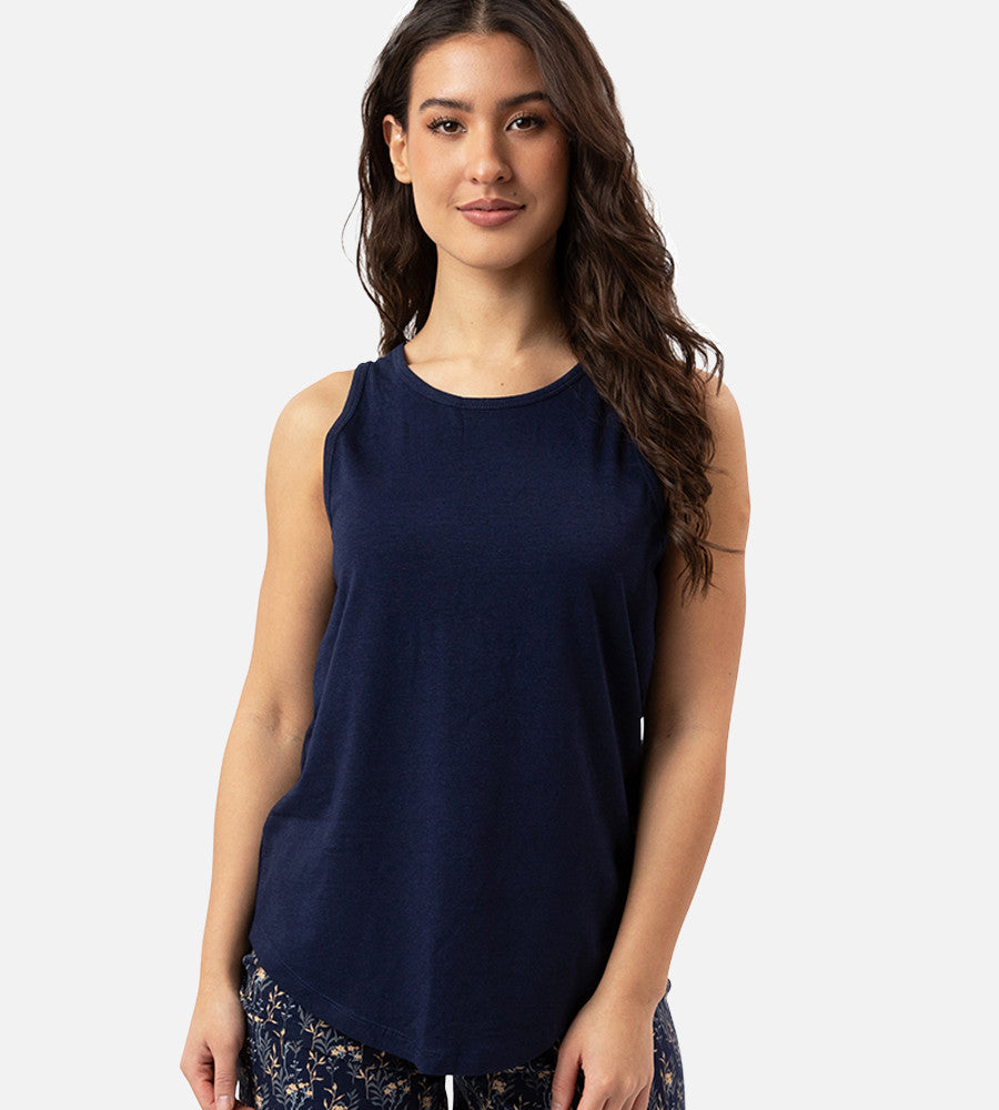 front view of model wearing midnight navy sleep tank