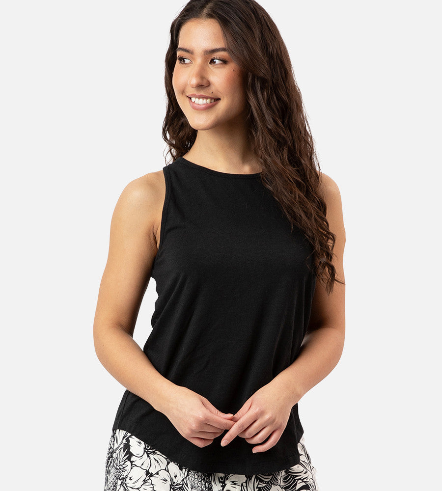 front view of model wearing soft black sleep tank