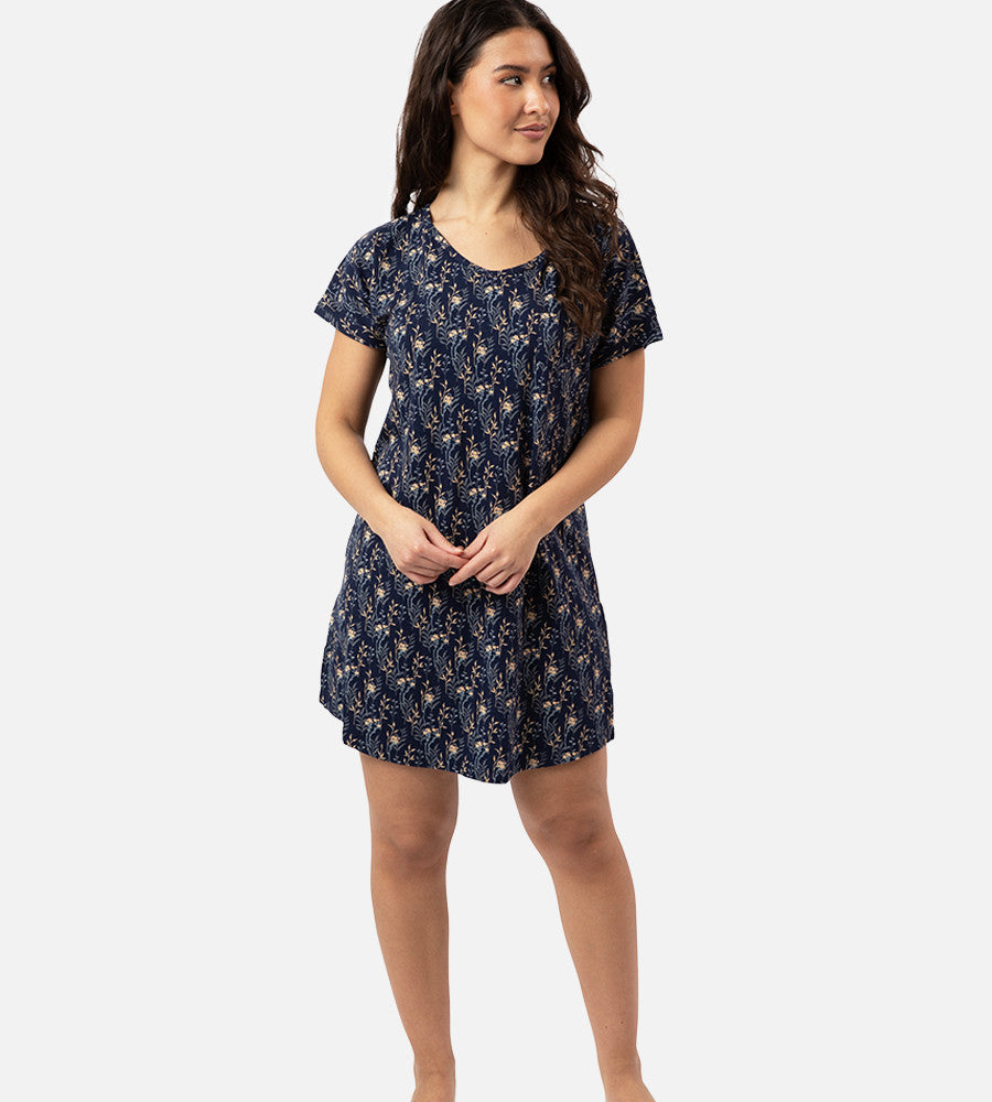 front view of model wearing midnight floral print sleep shirt