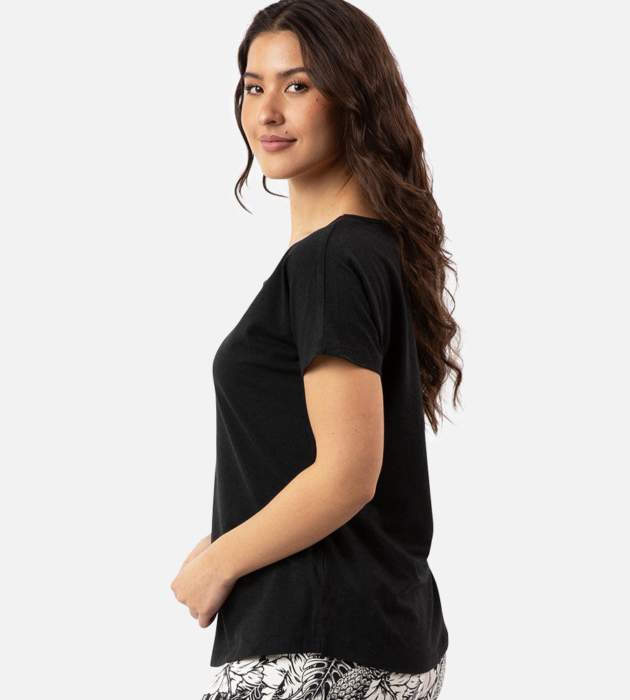 side view of model wearing soft black dolman