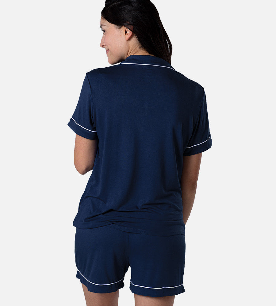 back view of model wearing nightfall navy short sleep set