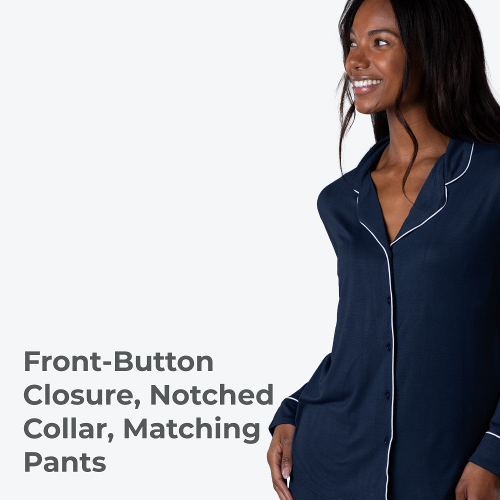 front button closure, notched collar, matching pants